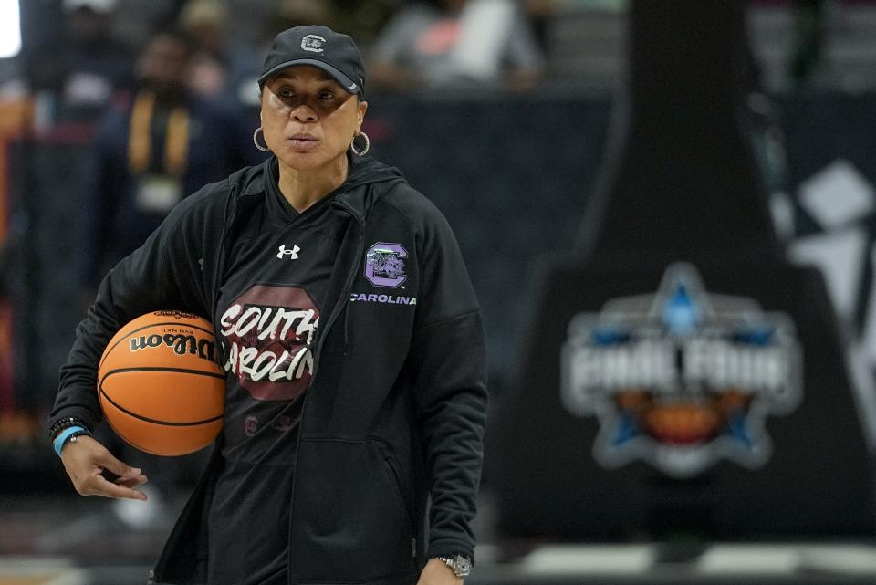 South Carolina head coach Dawn Staley watches during a practice session for an NCAA Women's Final Four semifinals basketball game Thursday, March 30, 2023, in Dallas. (AP Photo/Darron Cummings)
