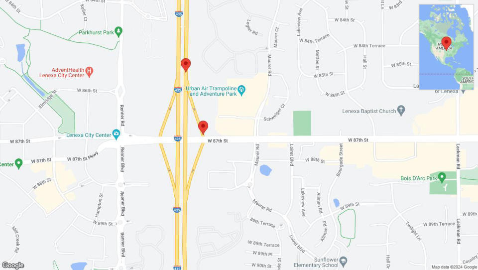 A detailed map that shows the affected road due to 'Broken down vehicle on West 87th Street in Lenexa' on January 5th at 2:26 p.m.