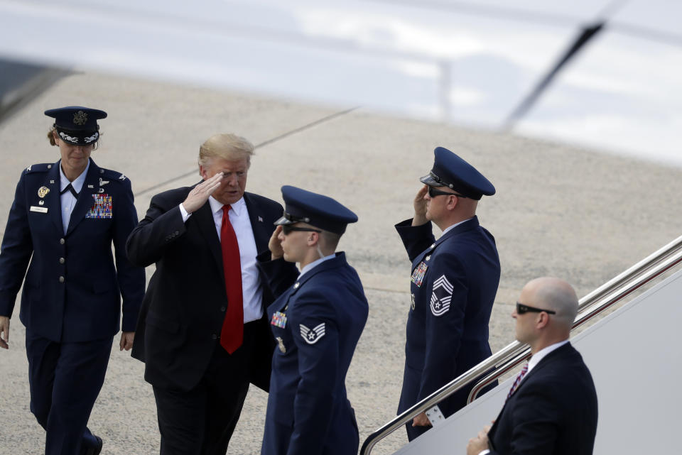President Donald Trump boards Air Force One for a trip to a Montoursville, Pa., for a campaign rally, Monday, May 20, 2019, at Andrews Air Force Base, Md. (AP Photo/Evan Vucci)
