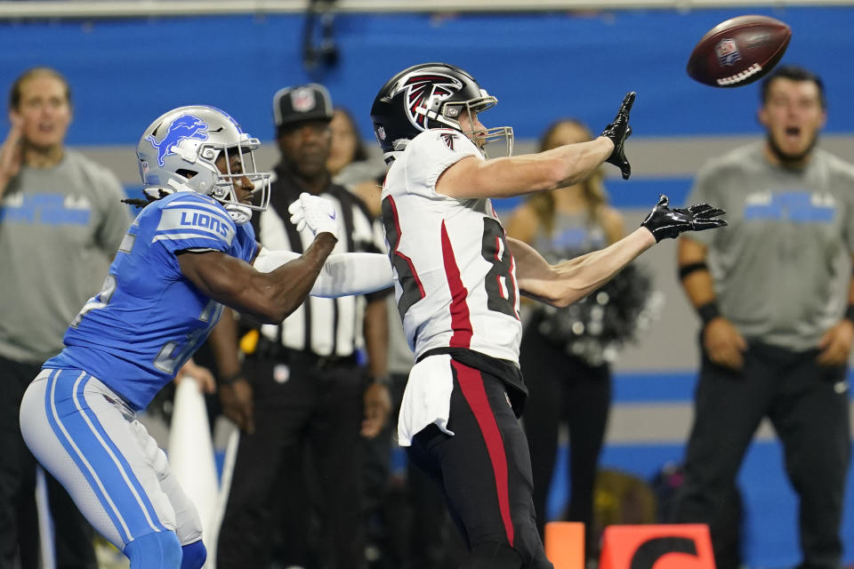 FILE - Atlanta Falcons wide receiver Jared Bernhardt catches a 21-yard pass for a touchdown during the second half of a preseason NFL football game against the Detroit Lions, Friday, Aug. 12, 2022, in Detroit. Just two years after being honored as the nation’s top college lacrosse player, Bernhardt is trying to make it as an NFL receiver with the Atlanta Falcons. (AP Photo/Paul Sancya, File)