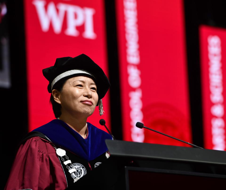 WORCESTER - President Grace J. Wang speaks during Worcester Polytechnic Institute's Undergraduate Commencement Ceremony at DCU Center on Friday.