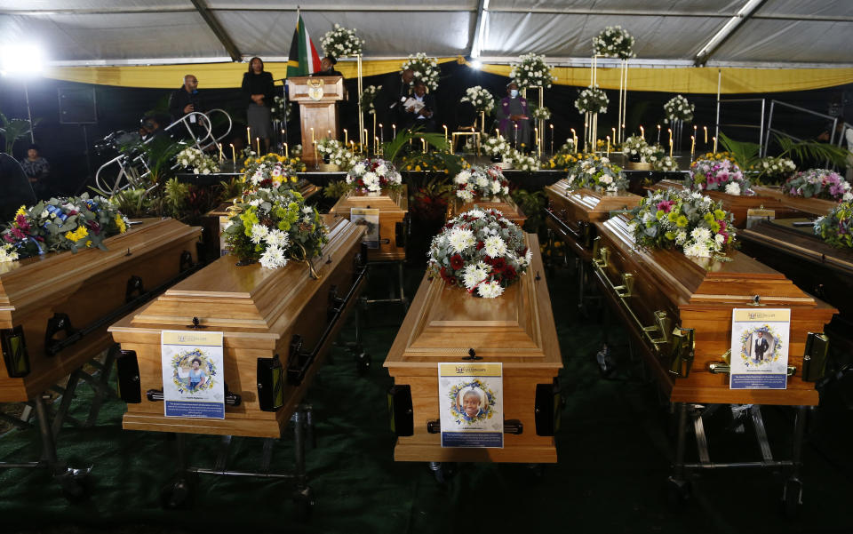 A  view of the coffins during a funeral service held in Scenery Park, East London, South Africa.