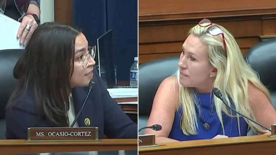 PHOTO: Rep. Alexandria Ocasio-Cortez, left, and Rep. Marjorie Taylor Greene, May 16, 2024.  (POOL/ABC News)