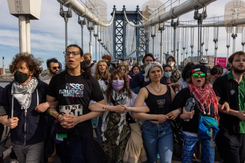Hundreds of anti-Israel protesters took over the Manhattan Bridge Saturday night, stalling traffic, according to images shared on X. Getty Images
