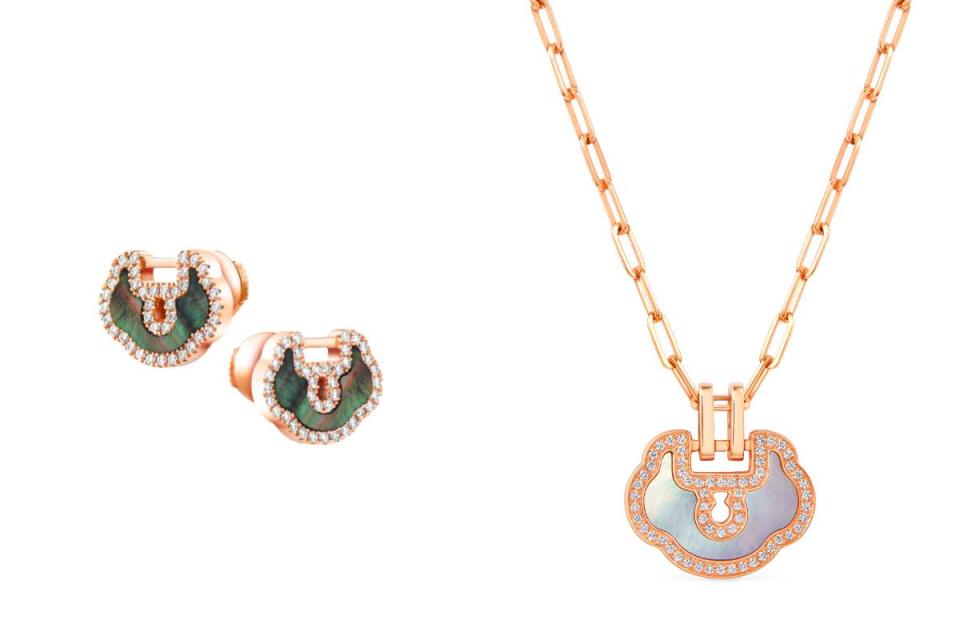 Yu Yi 18K玫瑰金鑽石及珍珠母貝耳環（小），NT$98,500；Yu Yi 18K玫瑰金鑽石及珍珠母貝項鏈 （小），NT$142,500圖片來源：Qeelin