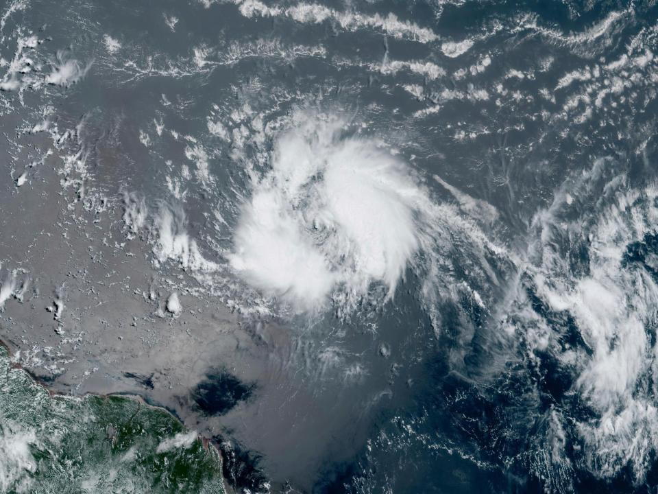 This satellite image taken on Tuesday, June 20, 2023 and provided by NOAA, shows Tropical Storm Bret as it chugged toward the eastern Caribbean (NOAA via AP)