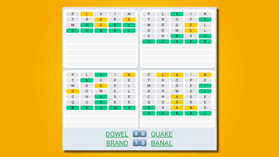 Quordle Daily Sequence answers for game 510 on a yellow background