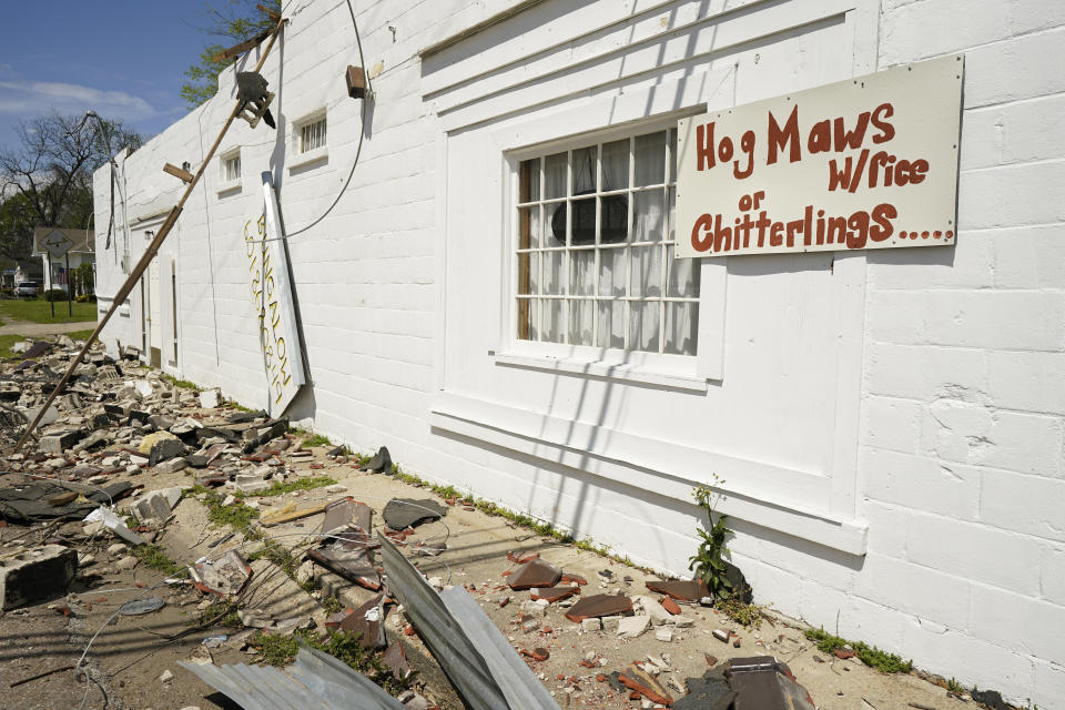 Many structures in Rolling Fork, Miss., suffered damages from the March 24 killer tornado that destroyed much of the small town and also hit a number of Mississippi communities, as seen March 29, 2023. Many communities are in the midst of cleanup. (AP Photo/Rogelio V. Solis)