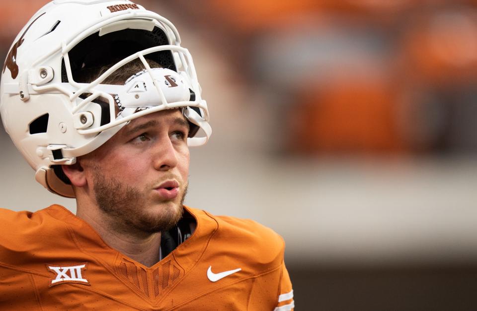 Texas quarterback <a class="link " href="https://sports.yahoo.com/ncaaf/players/329235" data-i13n="sec:content-canvas;subsec:anchor_text;elm:context_link" data-ylk="slk:Quinn Ewers;sec:content-canvas;subsec:anchor_text;elm:context_link;itc:0">Quinn Ewers</a> (3) warms up ahead of the Longhorns’ game against the <a class="link " href="https://sports.yahoo.com/ncaaf/teams/wyoming/" data-i13n="sec:content-canvas;subsec:anchor_text;elm:context_link" data-ylk="slk:Wyoming Cowboys;sec:content-canvas;subsec:anchor_text;elm:context_link;itc:0">Wyoming Cowboys</a>, Saturday, Sept. 16 at Darrell K Royal-Texas Memorial Stadium in Austin.