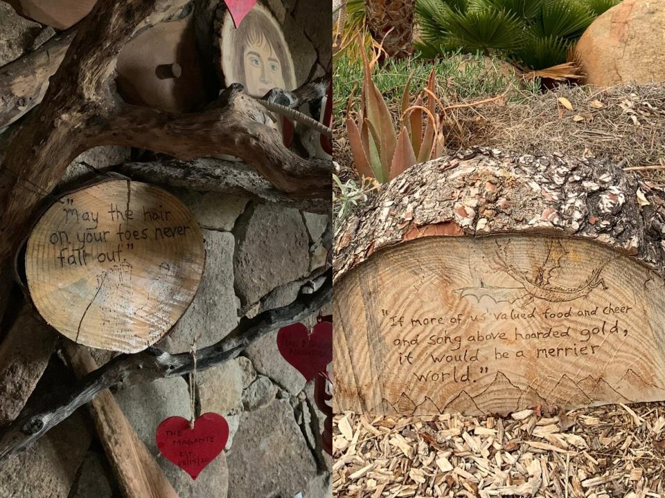 Fiona Chandra, side by side images of quotes from The Hobbit written on tree trunks "I paid $412 to Stay in a Hobbit House."