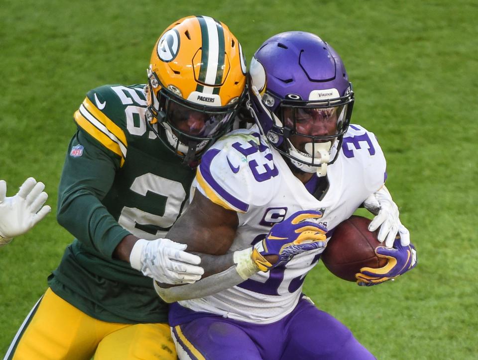 The Vikings' Dalvin Cook rushed for a total of 213 yards and five touchdowns in two games last season against the Packers.