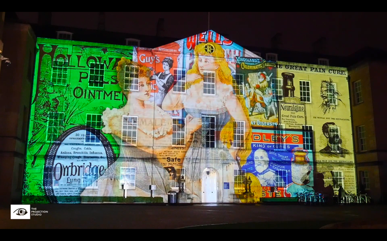 <span class="caption">Sally Shuttleworth and the Diseases of Modern Life team worked with the Projection Studio to create a light and sound projection onto the Radcliffe Humanities Building in Oxford, November 2018.</span> <span class="attribution"><span class="source">© Projection Studio</span>, <span class="license">Author provided</span></span>