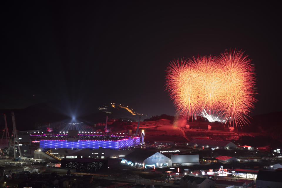 <p>Fireworks explode behind the Olympic Stadium during the closing ceremony of the 2018 Winter Olympics in Pyeongchang, South Korea, Sunday, Feb. 25, 2018. (AP Photo/Felipe Dana) </p>