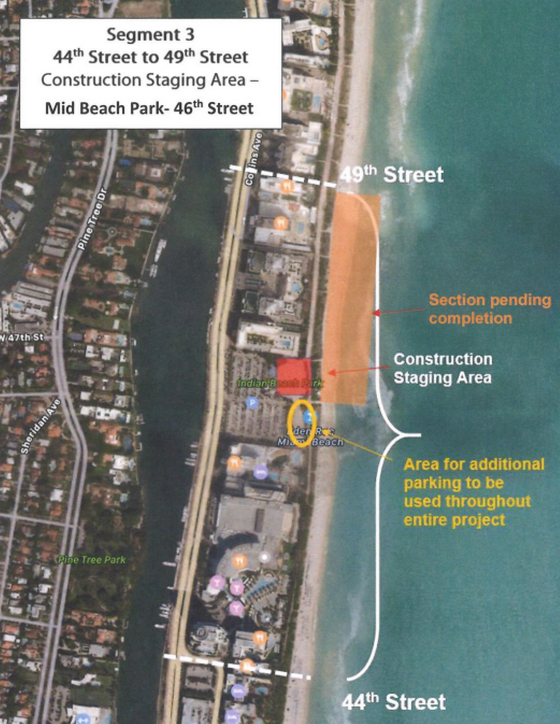 A map shows the status of a sand renourishment project in the Mid-Beach area of Miami Beach. City of Miami Beach