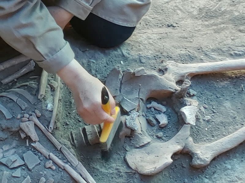 A view shows human remains discovered by archaeologists from INAH in Chapultepec park