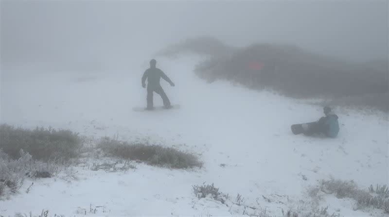 邊坡凹凸不平，積雪厚薄不同，男遊客滑雪時壓過露出的植被。(圖／翻攝畫面)