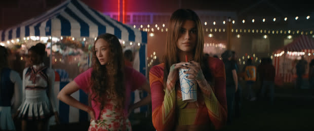 Isabel (Havana Rose Liu) in a Jacquemus sweater over a Zara dress, with Brittany (Kaia Gerber) in a cut-out top by AFRM and lace-up pants.<p>Photo: Courtesy of Orion Pictures Inc.</p>