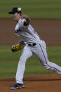 Miami Marlins starting pitcher Trevor Rogers (28) throws a pitch during the first inning of a baseball game against the Baltimore Orioles, Wednesday, April 21, 2021, in Miami. (AP Photo/Marta Lavandier)