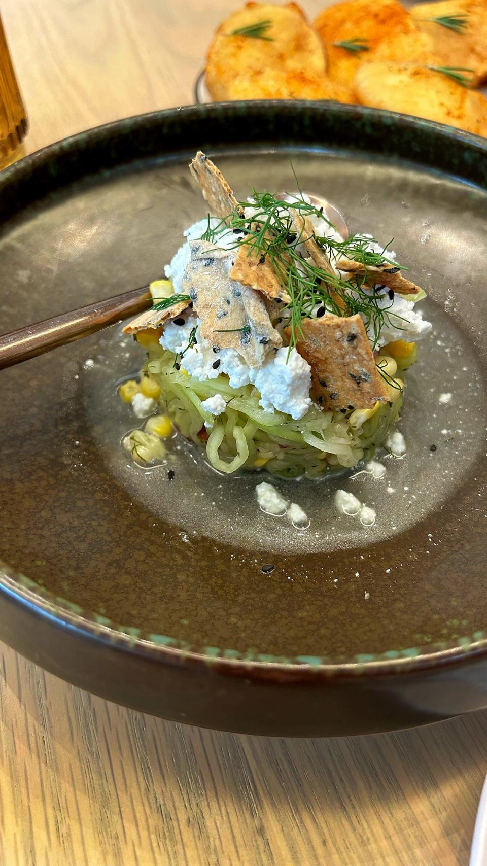 A cucumber and corn salad at Mad Nice in Midtown Detroit features sesame, lime, dill, kohlrabi and feta.