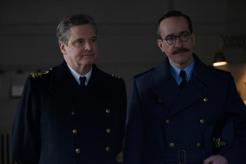 Colin Firth (left) and Matthew Macfadyen play British intelligence officers who use a dead man to trick the Nazis and save thousands of lives in the World War II spy thriller "Operation Mincemeat."