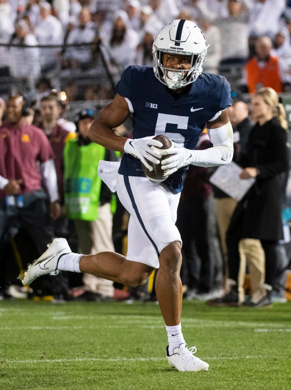 Penn State's Mitchell Tinsley goes 20 yards to score a touchdown after Minnesota's secondary blew the coverage in the third quarter at Beaver Stadium on Saturday, Oct. 22, 2022, in State College.