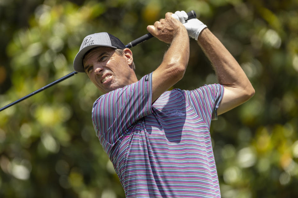 Steven Alker tees off on two during the final day at the Regions Tradition, a PGA Tour Champions golf event, Sunday, May 15, 2022, in Birmingham, Ala. (AP Photo/Vasha Hunt)