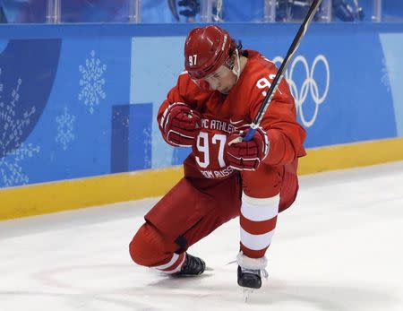 Ice Hockey - Pyeongchang 2018 Winter Olympics - Men's Quarterfinal Match - Olympic Athletes from Russia v Norway - Gangneung Hockey Centre, Gangneung, South Korea - February 21, 2018 - Nikita Gusev, an Olympic Athlete from Russia, celebrates his second period goal. REUTERS/David W. Cerny