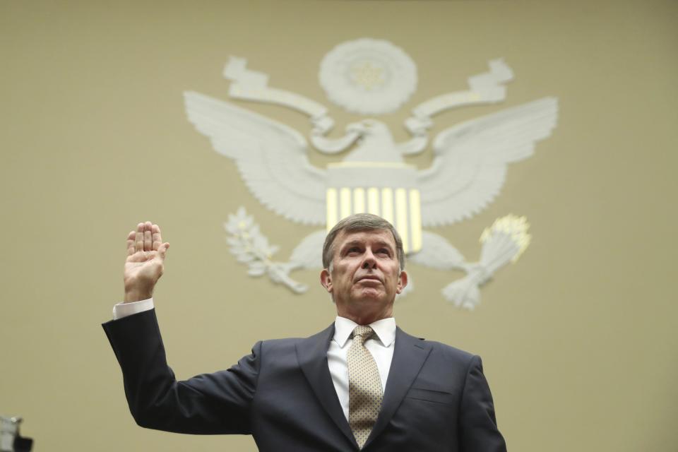 Acting Director of National Intelligence Joseph Maguire is sworn in before testifying before the House Intelligence Committee on Capitol Hill in Washington, Thursday, Sept. 26, 2019. (AP Photo/Andrew Harnik)