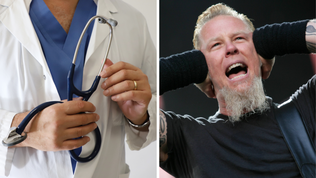  Photos of a doctor and of Metallica's James Hetfield with his hands over his ears. 