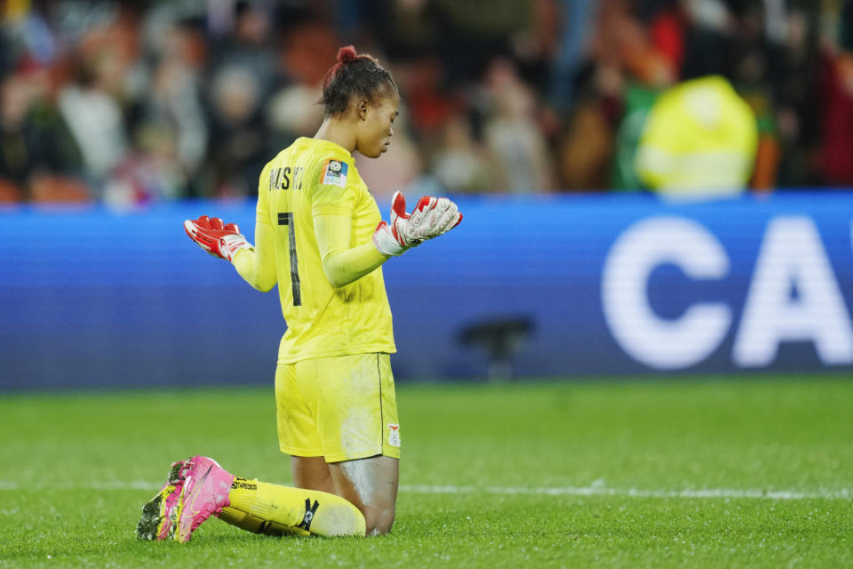 Zambia's goalkeeper Catherine Musonda reacts following the Women's World Cup Group C soccer match between Costa Rica and Zambia in Hamilton, New Zealand, Monday, July 31, 2023. (AP Photo/Abbie Parr)
