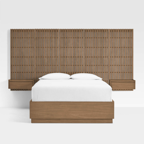 batten brown oak wood storage bed with white pillows and sheet
