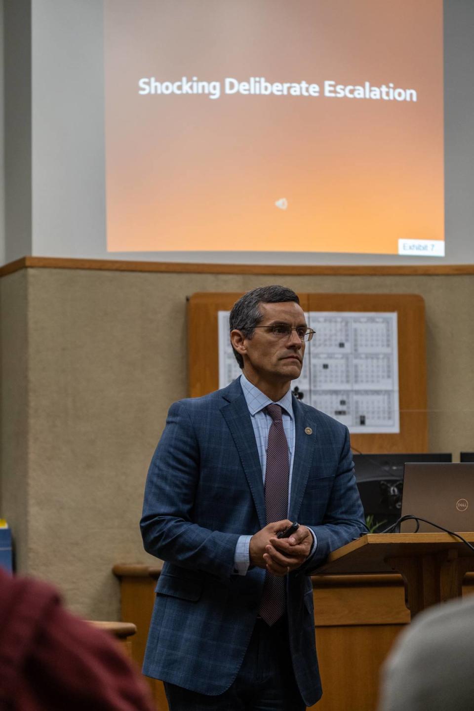 San Luis Obispo County Assistant District Attorney Eric Dobroth argues his closing statements for the jury hearing the case against Stephen Deflaun in San Luis Obispo Superior Court on Apr. 18, 2023.