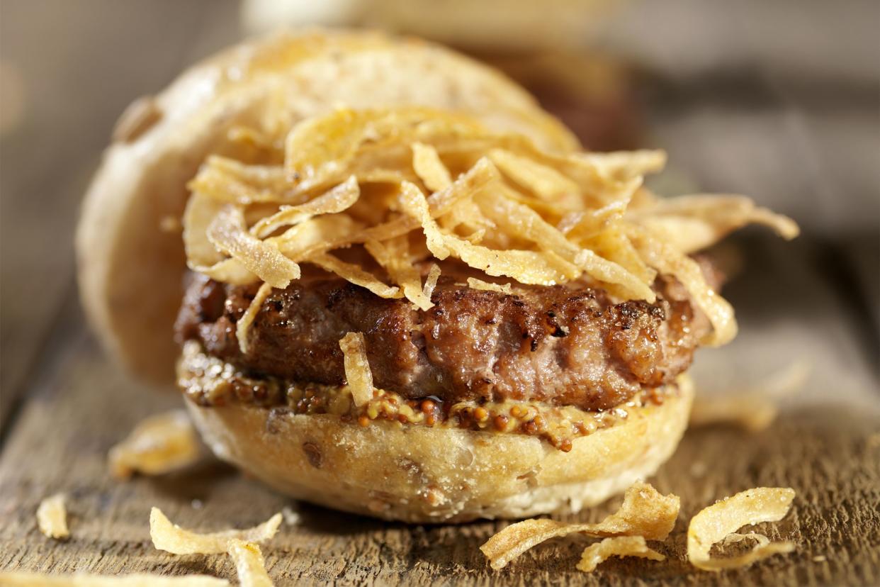 Fried onions on a burger