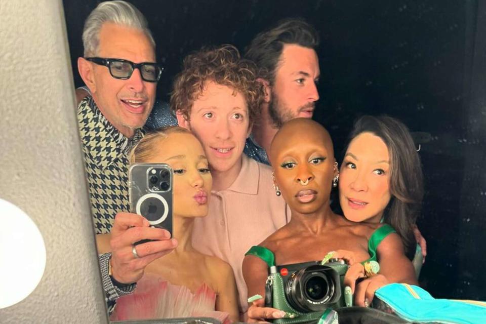 <p>Jeff Goldblum/Instagram</p> (L-R) Jeff Goldblum, Ariana Grande, Ethan Slater, Jonathan Bailey, Cynthia Erivo and Michelle Yeoh