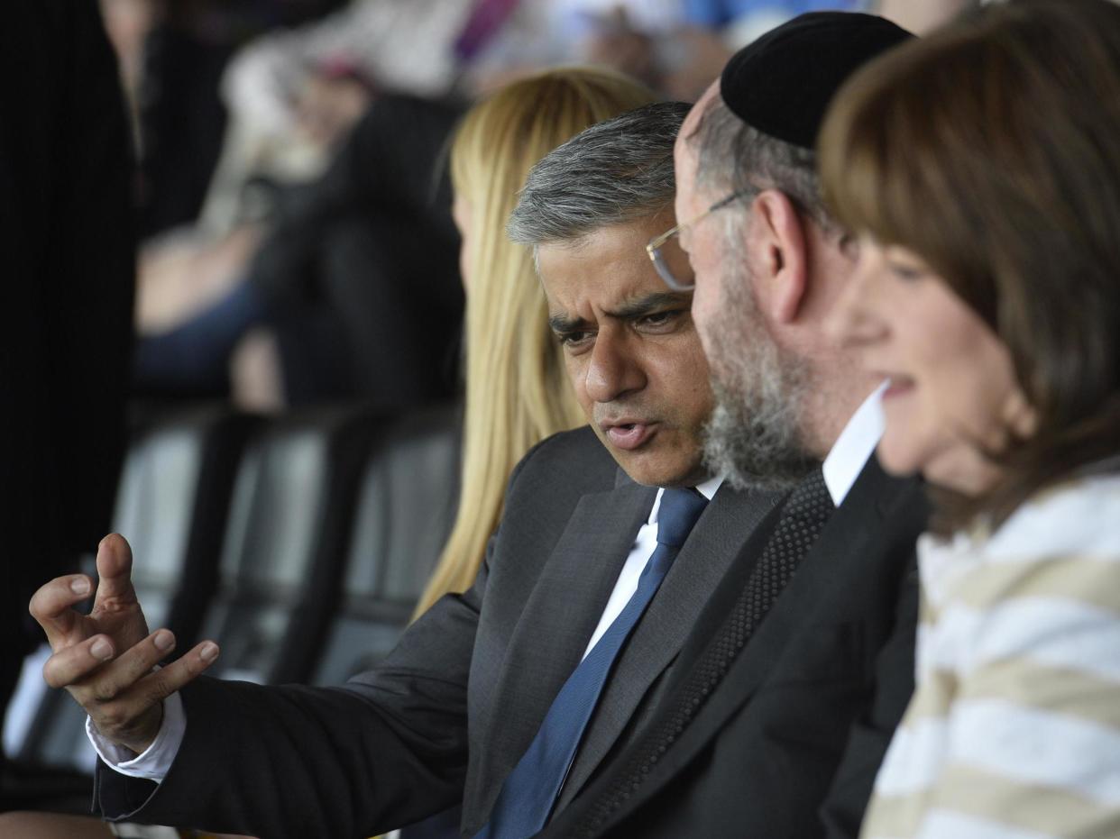 Sadiq Khan talks to Chief Rabbi Ephraim Mirvis of the United Hebrew Congregations of the Commonwealth during a Jewish community Holocaust commemoration event in London 2016: EPA