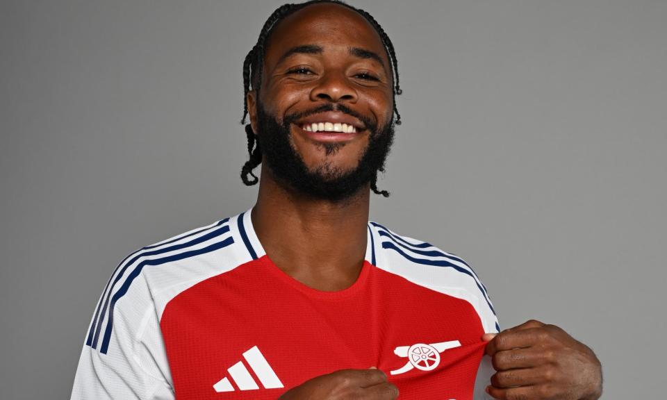 <span>Raheem Sterling shows his delight at signing for Arsenal from Chelsea, where he was frozen out by Enzo Maresca.</span><span>Photograph: Stuart MacFarlane/Arsenal FC/Getty Images</span>