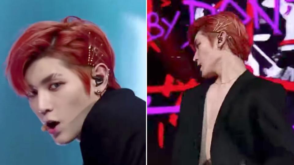 Leader of K-pop boy band NCT, Taeyong, held his bright red hair back with several bobby pins for a recent M Countdown performance of "Baby Don't Stop," and it gave us major style inspo.