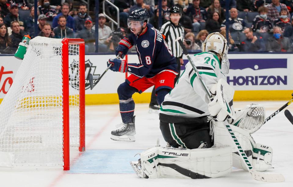Blue Jackets defenseman Zach Werenski, here scoring against Dallas on Oct. 25, ranks fourth in the NHL in playing time with 26:13 per game.
