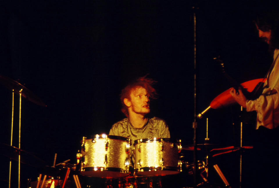 Ginger Baker and Eric Clapton of the rock band "Cream" performing in circa 1968 in Los Angeles, California. (Photo by Sulfiati Magnuson/Getty Images)