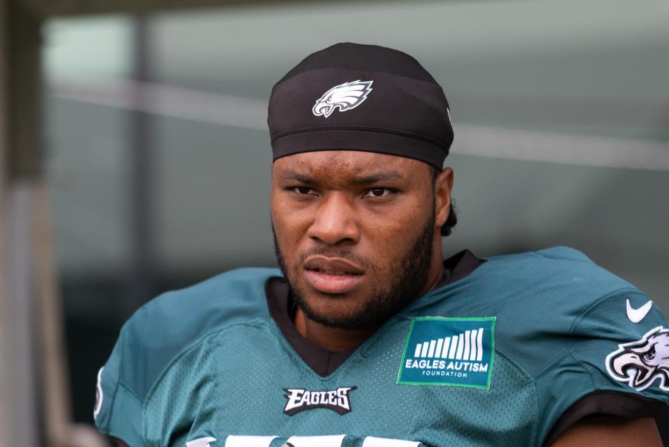 Aug 3, 2023; Philadelphia, PA, USA; Philadelphia Eagles guard Tyler Steen during practice at Novacare Complex. Mandatory Credit: Bill Streicher-USA TODAY Sports