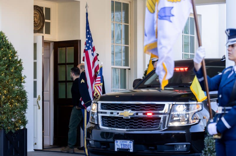 Ukrainian President Volodymyr Zelensky arrives at the White House in Washington, D.C. on Tuesday. Photo by Julia Nikhinson/UPI