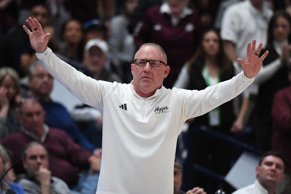 Mar 14, 2024; Nashville, TN, USA; Texas A&M Aggies head coach Buzz Williams signals to his team during the second half against the Mississippi Rebels at Bridgestone Arena. Mandatory Credit: Christopher Hanewinckel-USA TODAY Sports