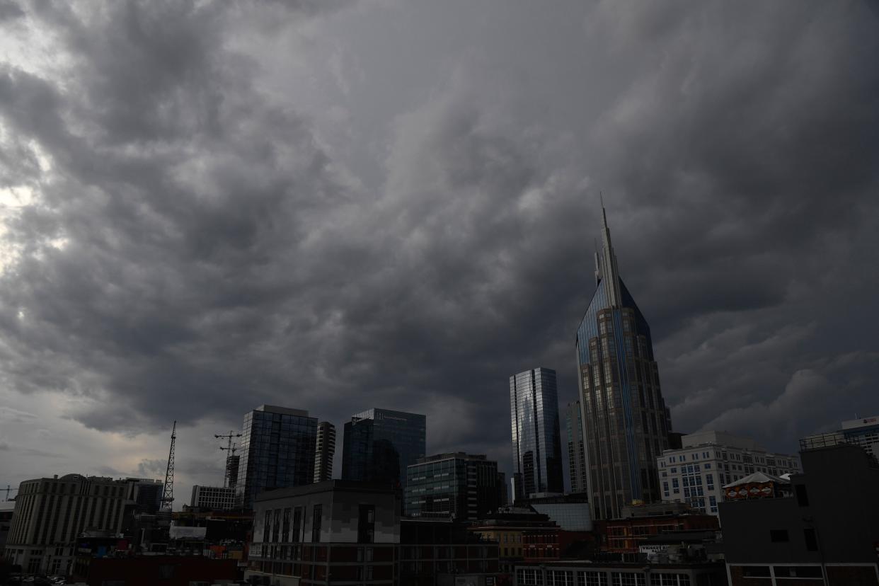 A storm front approaches downtown Nashville which spawned at least one tornado north of the city Saturday evening, Nov. 9, 2023.