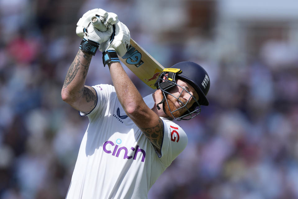 England's Ben Stokes reacts as he is dismissed on day three of the fifth Ashes Test match between England and Australia, at The Oval cricket ground in London, Saturday, July 29, 2023. (AP Photo/Kirsty Wigglesworth)