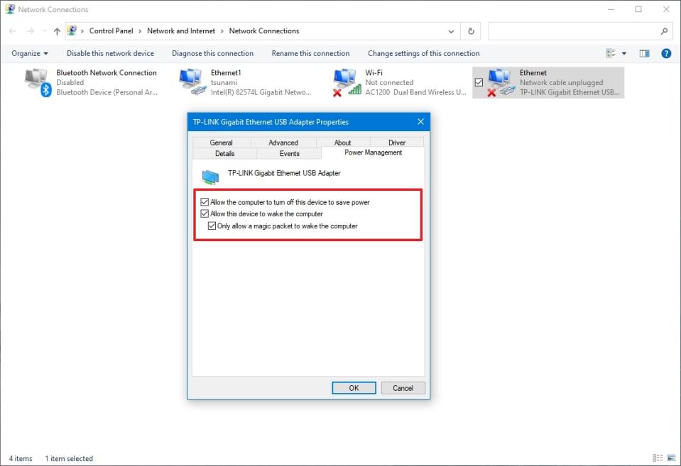 Network adapter power management settings