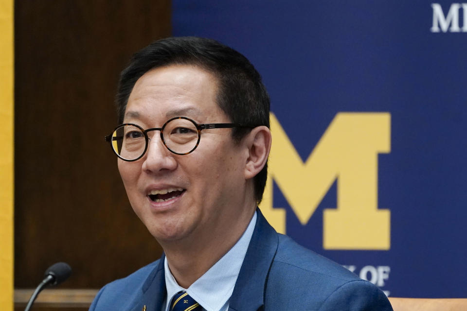 Santa Ono is introduced as the new president of the University of Michigan, Wednesday, July 13, 2022, in Ann Arbor, Mich. Ono becomes UM's 15th president and its first minority and Asian chief executive — the son of Japanese immigrants who came to the United States after World War II. The 59-year-old Ono has led the University of British Columbia for nearly six years after guiding the University of Cincinnati for four years. (AP Photo/Carlos Osorio)