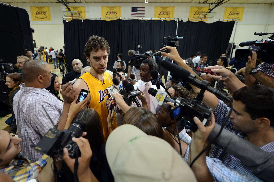 EL SEGUNDO, CA - OCTOBER 01: Pau Gasol #16 of the Los Angeles Lakers speaks to the media during Media Day at Toyota Sports Center on October 1, 2012 in El Segundo, California. (Photo by Harry How/Getty Images)