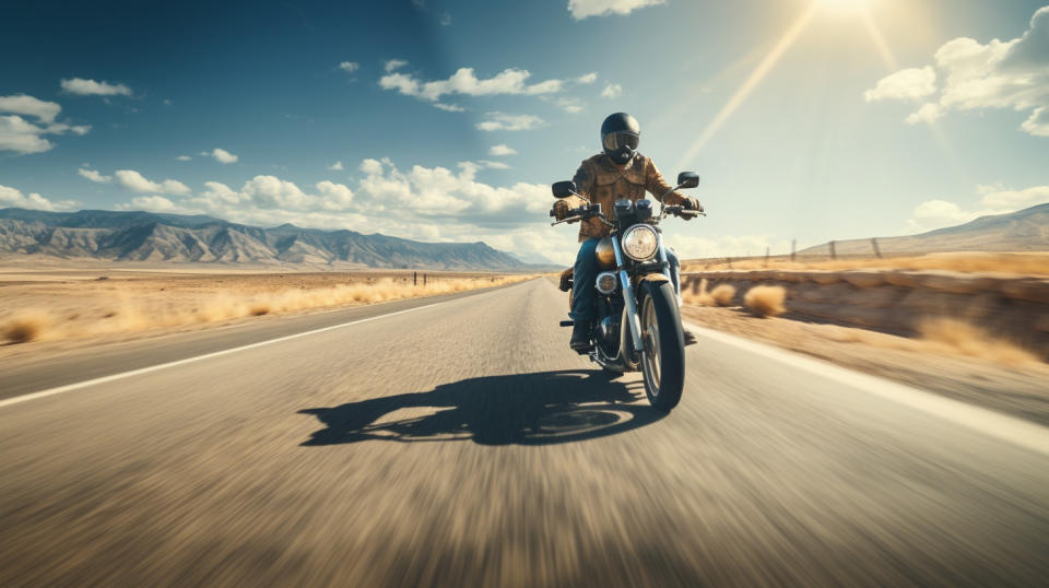 A motorcyclist enjoying the open road on a sunny day.