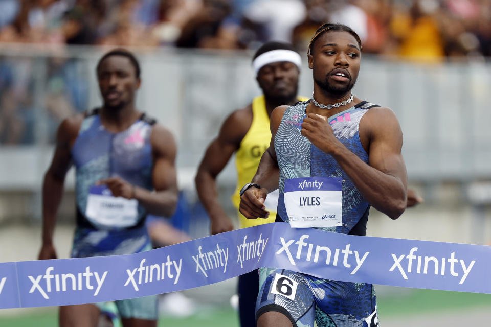 Noah Lyles won the men's 200m race at the 2023 USATF NYC Grand Prix in 19.83 seconds. (Photo by Sarah Stier/Getty Images)