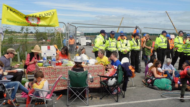 <span class="caption">Dinner at the gates of Preston New Road, where fracking is no longer allowed.</span> <span class="attribution"><a class="link " href="https://www.flickr.com/photos/reclaimthepower2015/36181863426/in/album-72157682924868914/" rel="nofollow noopener" target="_blank" data-ylk="slk:Reclaim the Power;elm:context_link;itc:0;sec:content-canvas">Reclaim the Power</a>, <a class="link " href="http://creativecommons.org/licenses/by/4.0/" rel="nofollow noopener" target="_blank" data-ylk="slk:CC BY;elm:context_link;itc:0;sec:content-canvas">CC BY</a></span>